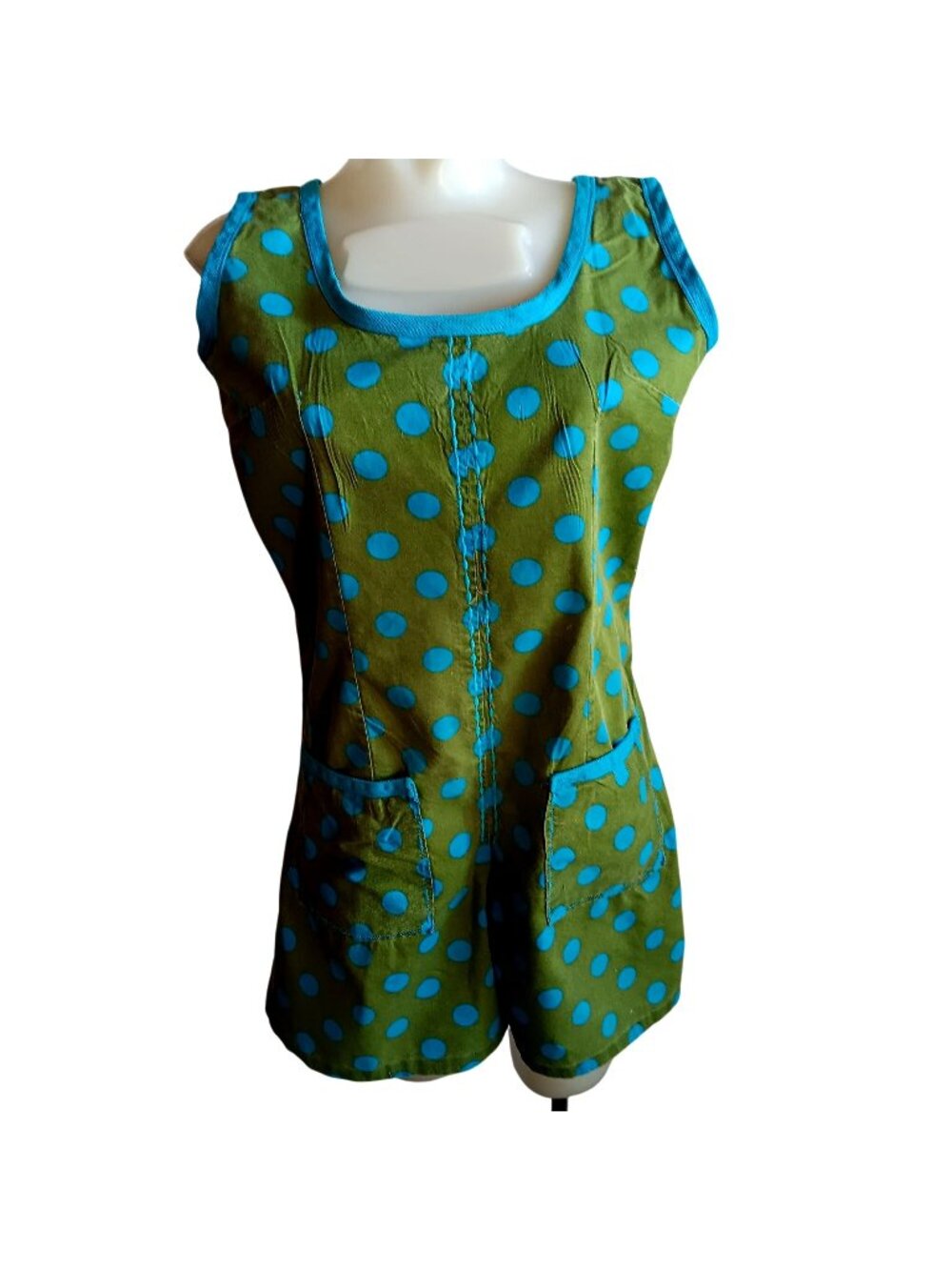 True Vintage Medium Romper 1960s Polka Dot Sleeveless Front Pockets Handmade